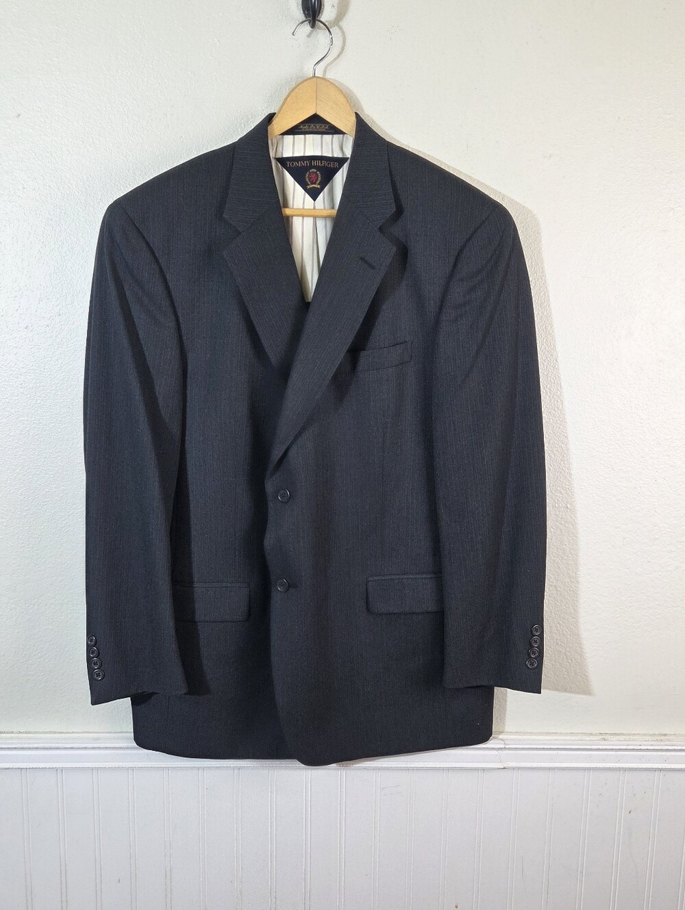 Vintage Tommy Hilfiger Blazer Sport Coat Mens 43R Gray Pure Wool USA Made - Picture 1 of 11